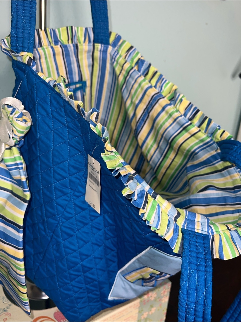 Coldwater Creek Blue Quilted Tote with Striped Drawstring Pouch - Picture 6 of 7